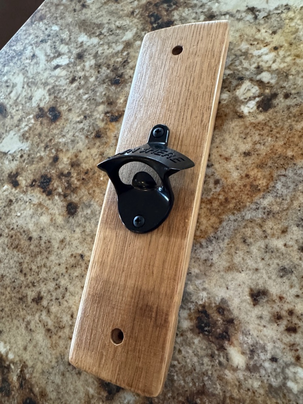 Wall-Mounted Bottle Opener on wine barrel stave